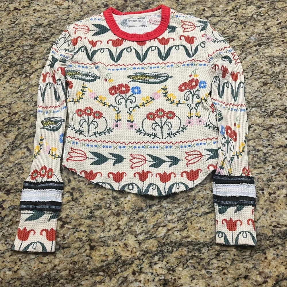 We The Free Free People Floral Corn Waffle Knit Thermal Top Red Cream Small